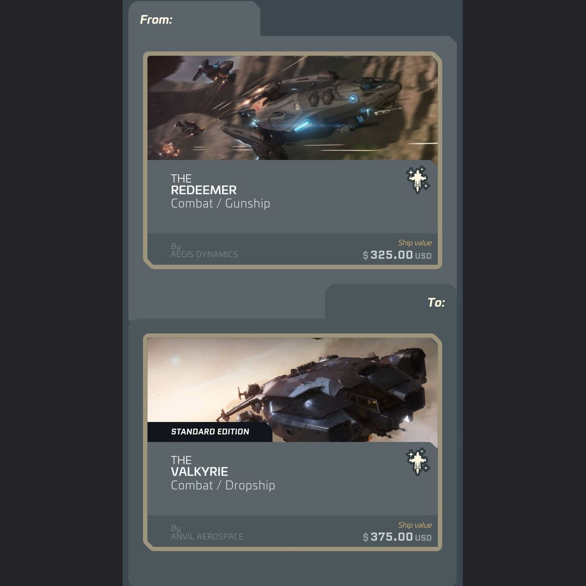 Aegis Redeemer to Anvil Valkyrie