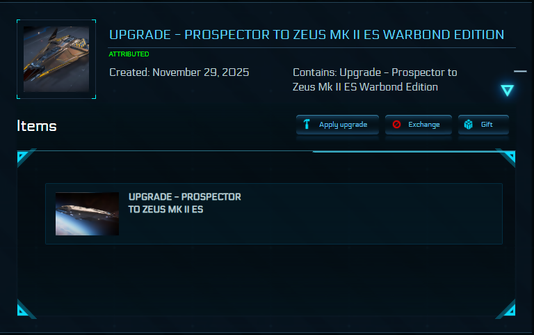 Upgrade - Prospector to Zeus Mk II ES Warbond Edition +10y ins + BIS 2955 Skin + Poster
