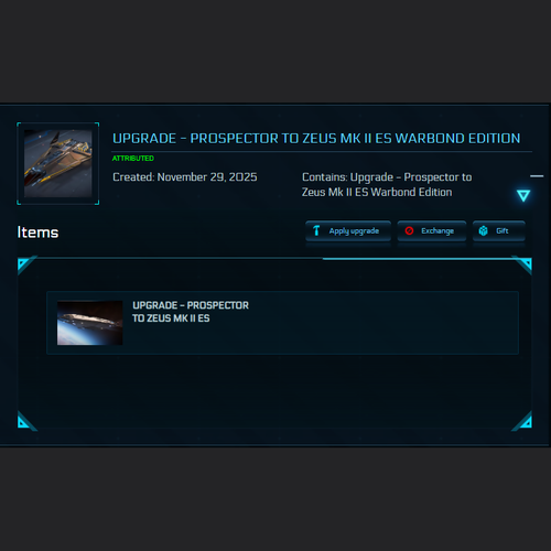 Upgrade - Prospector to Zeus Mk II ES Warbond Edition +10y ins + BIS 2955 Skin + Poster