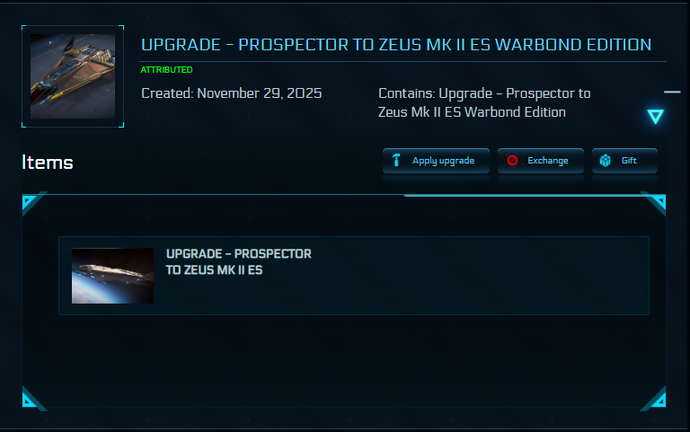 Upgrade - Prospector to Zeus Mk II ES Warbond Edition +10y ins + BIS 2955 Skin + Poster